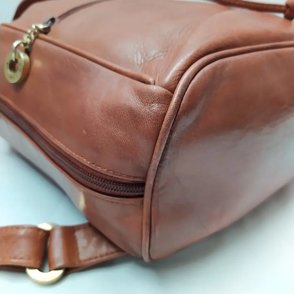 Perlina Brown Leather Zipper Pockets Flap Top Handle Drawstring Backpack
